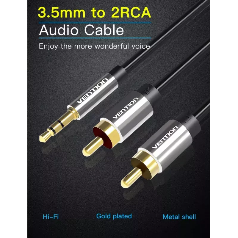 Audio kábel Vention 3,5 mm TRRS (konektor samec) na 2×RCA (konektor samec), 2 m, čierny