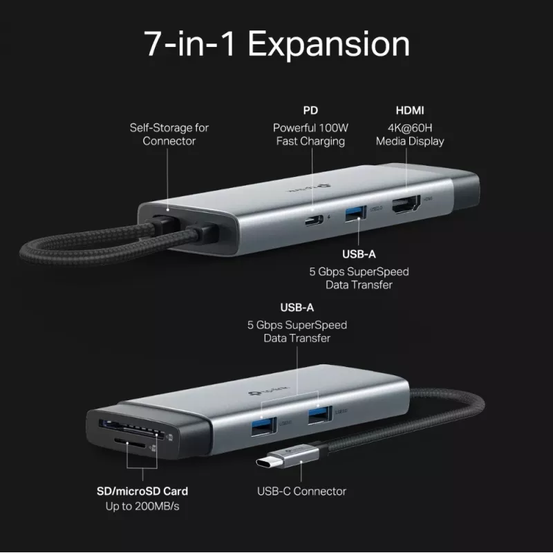 USB Type-C hub TP-Link UH7021C — HDMI, USB 3.2 Gen1, USB 2.0, SD/microSD, 5000 Mbit/s, hliník čierny