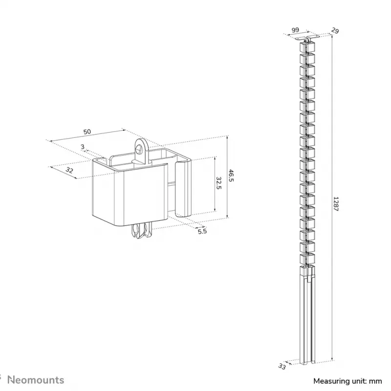 Káblový kanál Neomounts ADS06-133BL – skrutkovaný magnetický kanál, čierny
