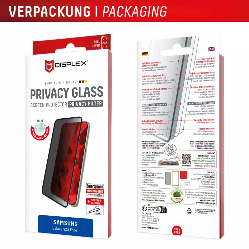 Displex Privacy Screen Protector (10H) pre Samsung Galaxy S25 Edge, Eco montážny rámik, filter proti zvedavým pohľadom