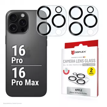 Displex Full Cover sklo objektívu fotoaparátu iPhone 16 Pro/16 Pro Max, 10H, úplná ochrana fotoaparátu, rýchla montáž, balenie 2 ks
