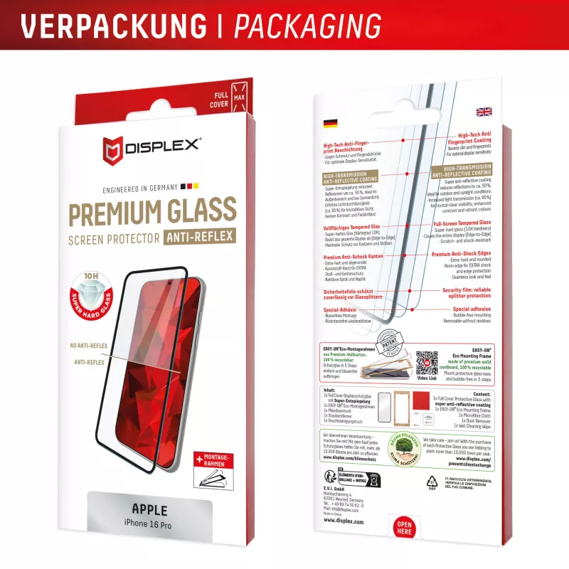 Displex Premium Anti-Reflex Screen Protector (antireflexná plná ochrana, 10H) pre Apple iPhone 16 Pro, Eco montážny rám, plná ochrana