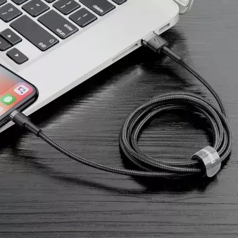 USB-A na Lightning kábel Baseus Cafule (CALKLF-CG1) – nylonové opletenie, QC3.0 1,5 A, 2 m, sivý/čierny