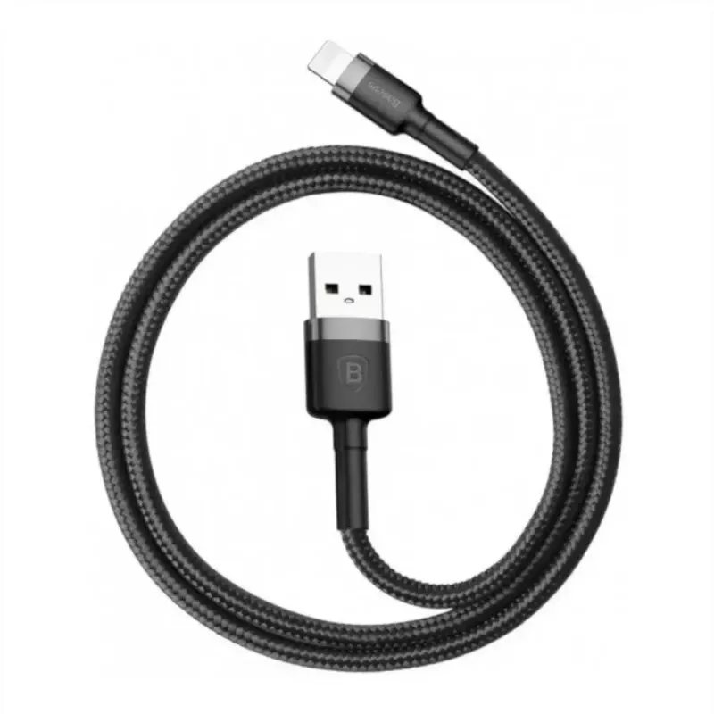 USB-A na Lightning kábel Baseus Cafule (CALKLF-CG1) – nylonové opletenie, QC3.0 1,5 A, 2 m, sivý/čierny