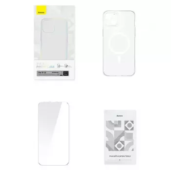 Magnetické puzdro Baseus Magnetic Crystal Clear na telefón pre iPhone 13, priehľadné, s tvrdeným skleneným ochranným filmom na displej