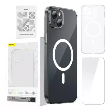 Magnetické puzdro Baseus Magnetic Crystal Clear na telefón pre iPhone 13, priehľadné, s tvrdeným skleneným ochranným filmom na displej