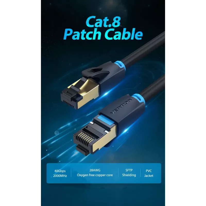 Ethernet patch kábel Vention Cat.8 S/FTP 1 m čierny RJ-45 pozlátený