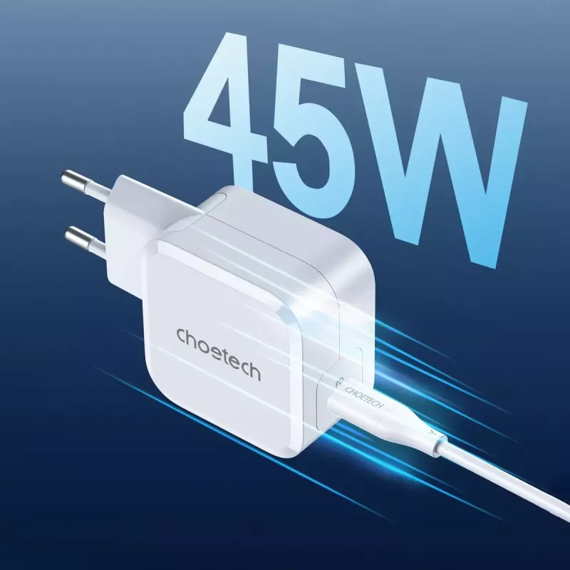 CHOETECH PD8007 GaN USB-C nabíjačka 45 W, PD3.0, QC3.0, PPS, EU, biela