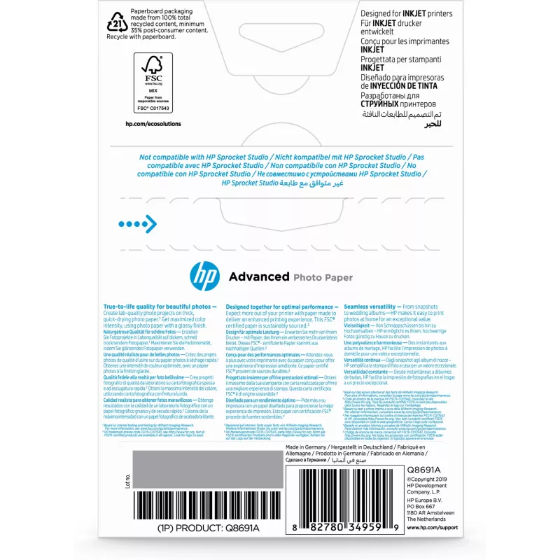 HP Advanced Photo Paper Glossy 250 g/m2 10 x 15 cm (101 x 152 mm) 25 listov