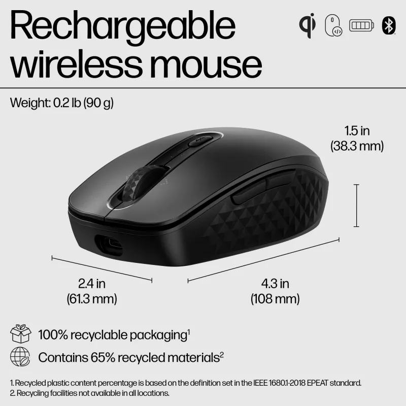 HP 695 nabíjateľná bezdrôtová myš, obojručná, Bluetooth, 4000 DPI, čierna