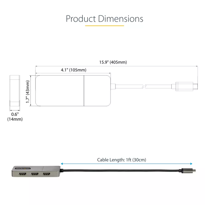 StarTech.com 3-port USB-C MST hub – USB Type-C na 3x HDMI multi-monitor adaptér pre notebook – triple HDMI až do 4K 60Hz s DP 1.4 Alt Mode & DSC – HDR – 30 cm kábel – len Windows