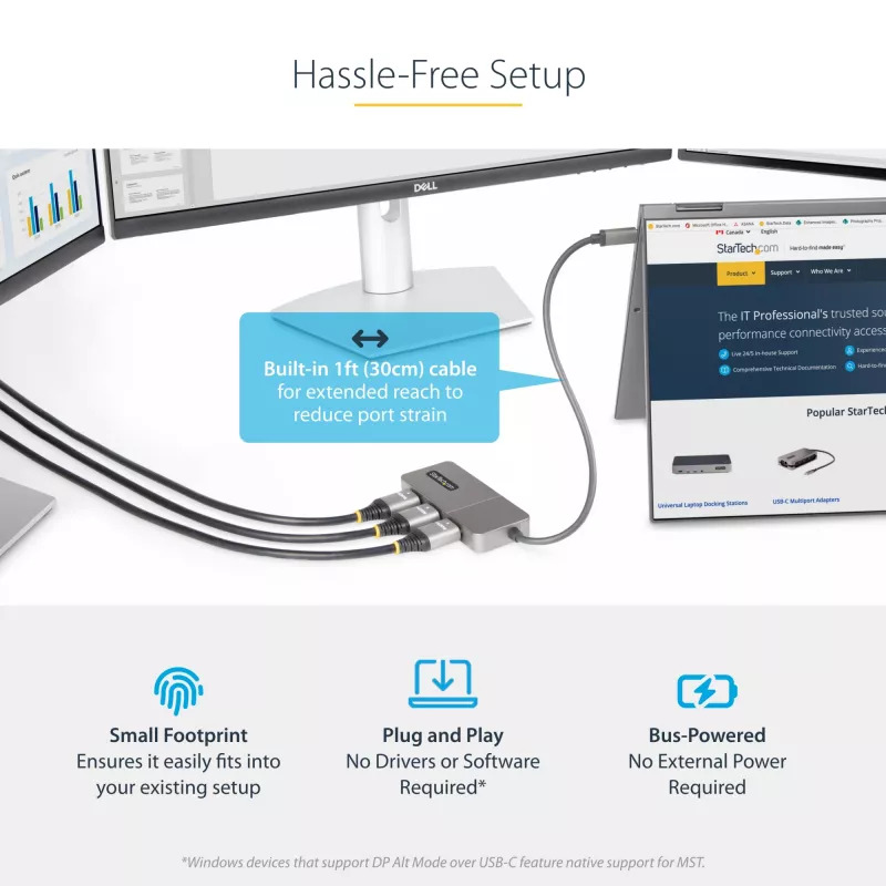 StarTech.com 3-port USB-C MST hub – USB Type-C na 3x HDMI multi-monitor adaptér pre notebook – triple HDMI až do 4K 60Hz s DP 1.4 Alt Mode & DSC – HDR – 30 cm kábel – len Windows