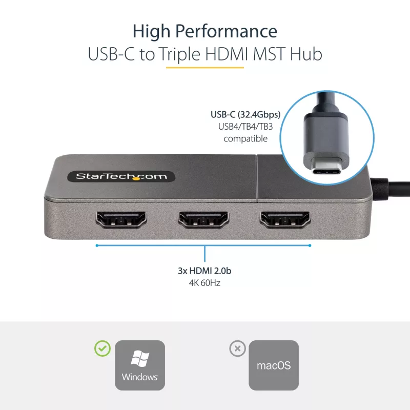 StarTech.com 3-port USB-C MST hub – USB Type-C na 3x HDMI multi-monitor adaptér pre notebook – triple HDMI až do 4K 60Hz s DP 1.4 Alt Mode & DSC – HDR – 30 cm kábel – len Windows