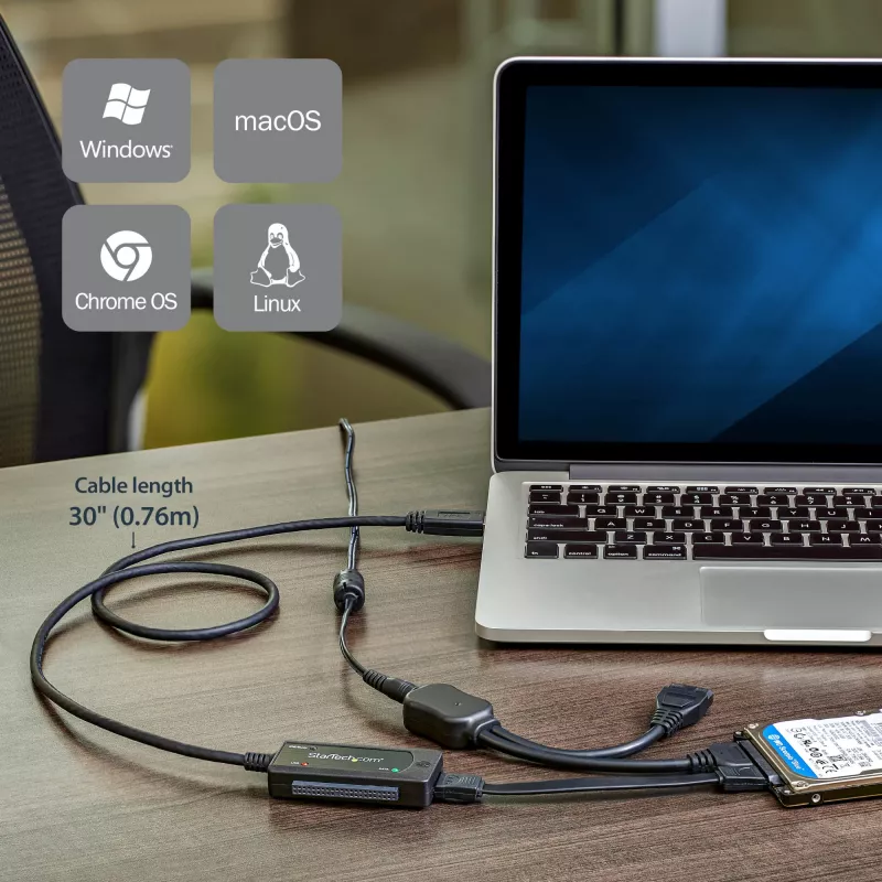 StarTech.com SATA na USB kábel – USB 3.1 (10 Gbit/s) – UASP, čierny, aktivita, prevádzka, CE, FCC, ASMedia – ASM1351, 12 V, 0 – 60 °C