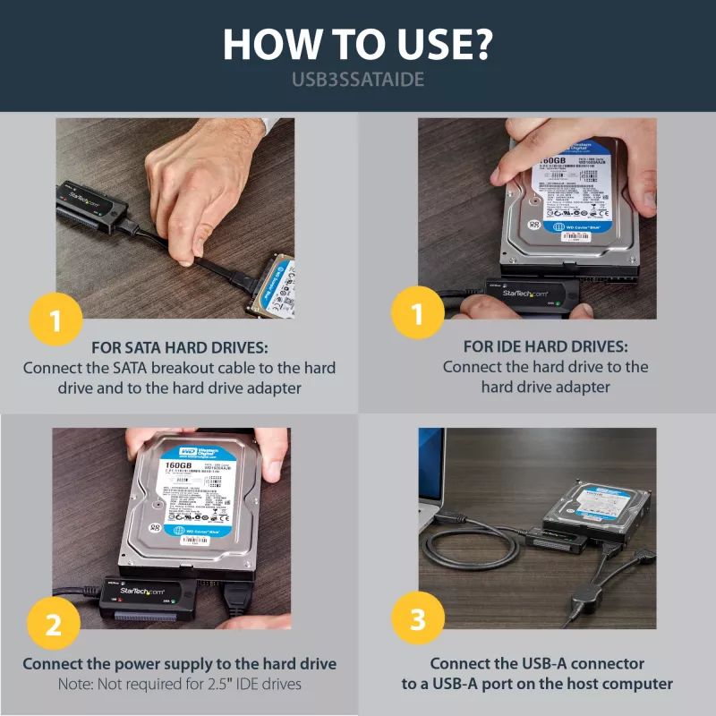 StarTech.com SATA na USB kábel – USB 3.1 (10 Gbit/s) – UASP, čierny, aktivita, prevádzka, CE, FCC, ASMedia – ASM1351, 12 V, 0 – 60 °C