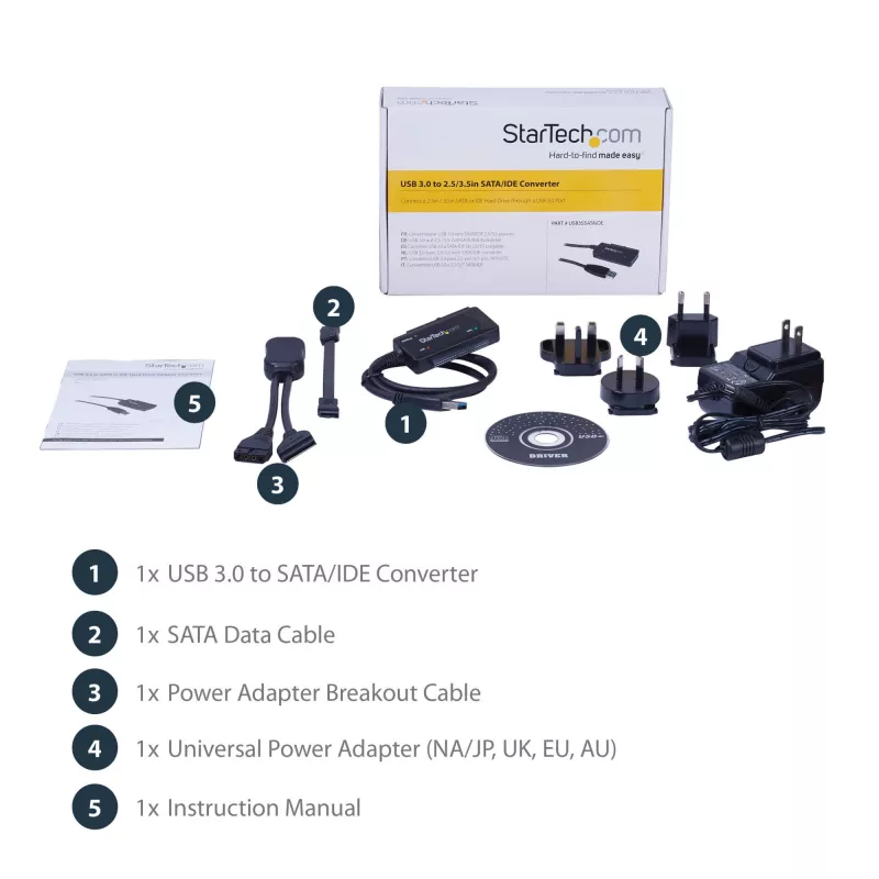 StarTech.com SATA na USB kábel – USB 3.1 (10 Gbit/s) – UASP, čierny, aktivita, prevádzka, CE, FCC, ASMedia – ASM1351, 12 V, 0 – 60 °C