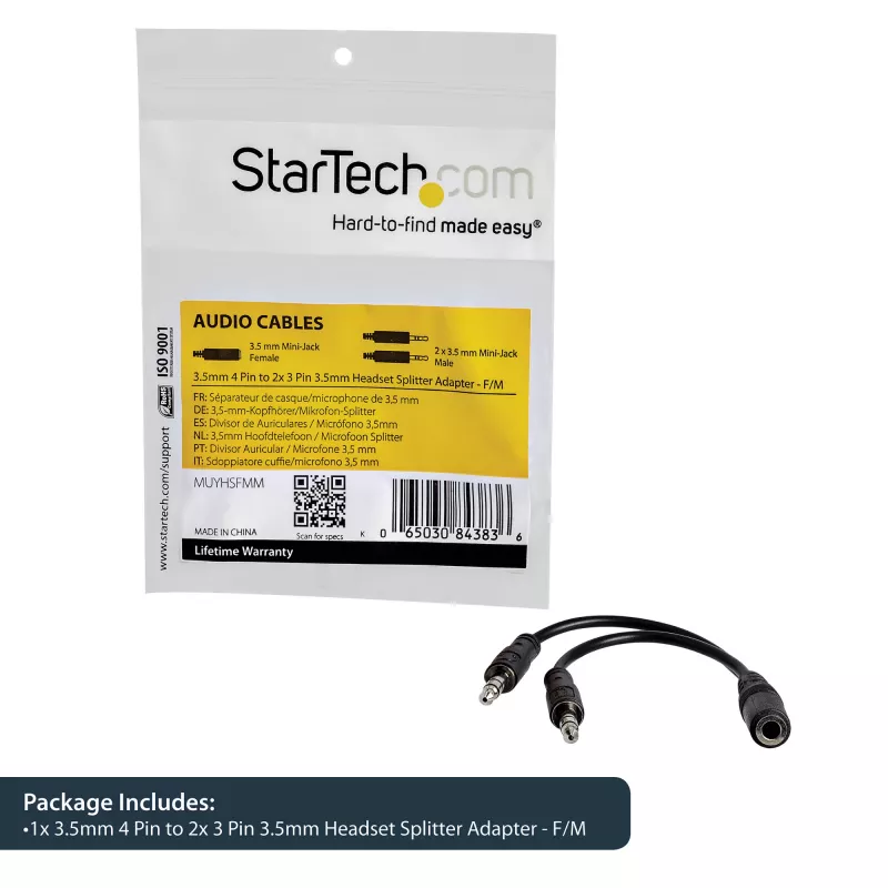 StarTech.com 3,5-mm-4-pozície-na-2x-3-pozície-3,5-mm-headset-splitter adaptér – konektor samica/konektor samec