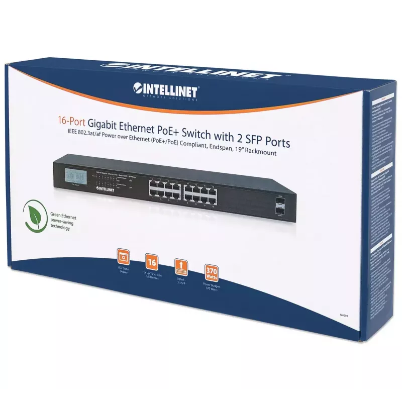 Neupravovaný switch Intellinet 16-portový Gigabit Ethernet PoE+ 370W
