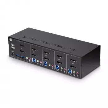 StarTech.com 4-portový Dual-Monitor DisplayPort KVM switch, 4K 60Hz, 2x USB 5Gbps hub porty, 2x USB 2.0 HID porty, hotkey a tlačidlové prepínanie, TAA-kompatibilný – 3,5 mm audio, HDCP