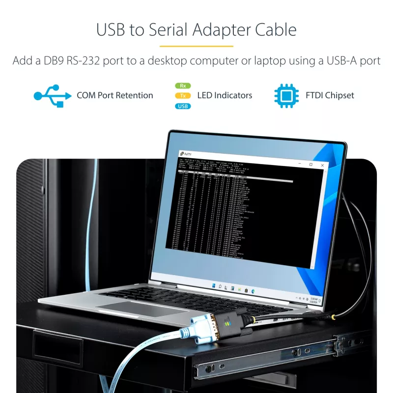 StarTech.com 3ft (1m) USB na sériový adaptérový kábel, zachovanie COM, vymeniteľné skrutky/matice, USB-A na DB9 RS232, FTDI IC, ESD ochrana, Windows/macOS/Linux