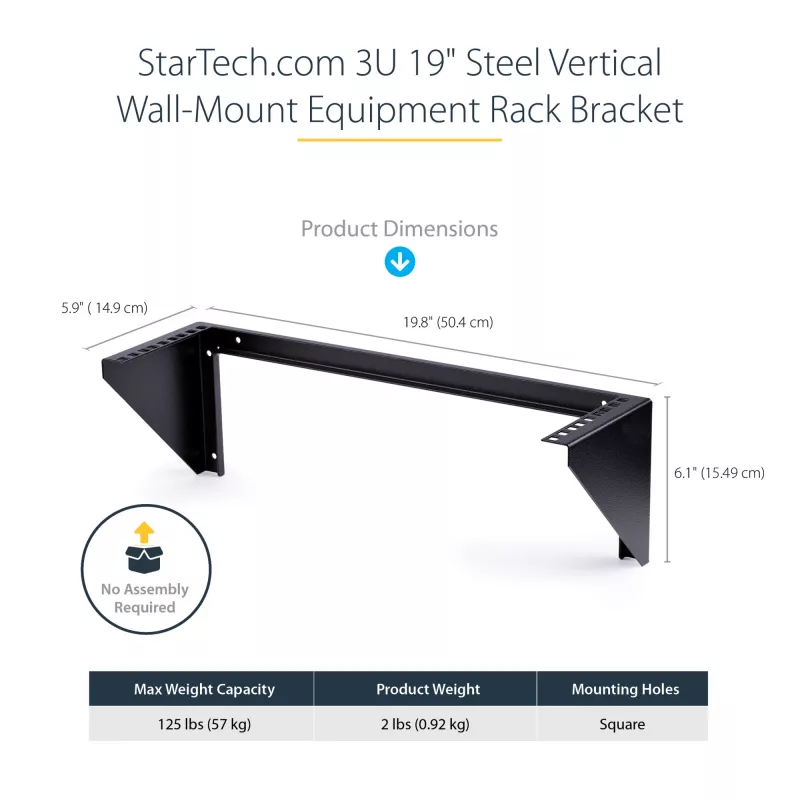 StarTech.com 3U 19” nástenný vertikálny držiak do racku, nástenný držiak patch panelu pre dátové/AV/IT/počítačové zariadenia, 3U rack pre skriňu alebo serverovňu, nosnosť 150 lb (68 kg)