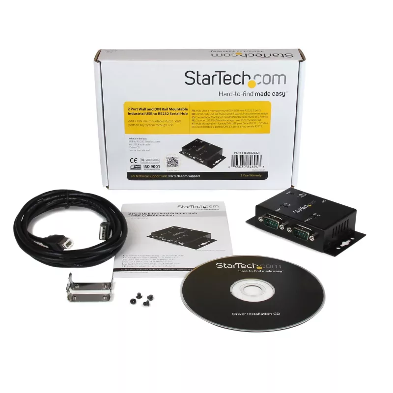 StarTech.com 2-portový priemyselný, na stenu montovateľný USB na sériový adaptérový hub s klipmi na lištu DIN
