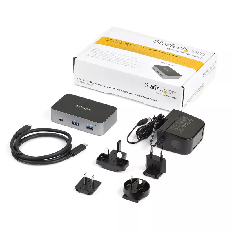 StarTech.com HB31C2A1CGS 3-portový rozbočovač USB-C s Gigabit Ethernet, USB 3.1 Gen 2 10 Gbps, 2x USB-A + 1x USB-C, 1 m hostiteľský kábel, s napájacím adaptérom