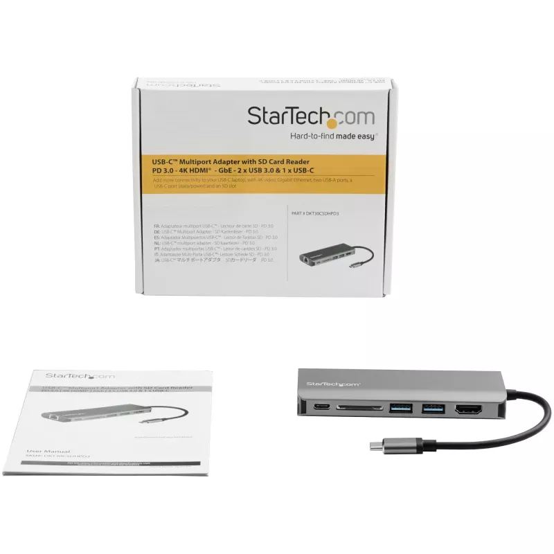 StarTech.com USB C multiportový adaptér – USB-C cestovný dock s 4K HDMI, 3x USB 3.0 hub, SD/SDHC, GbE, 60W PD 3.0 Pass-Through – USB Type-C/Thunderbolt 3 – nahrádza DKT30CSDHPD