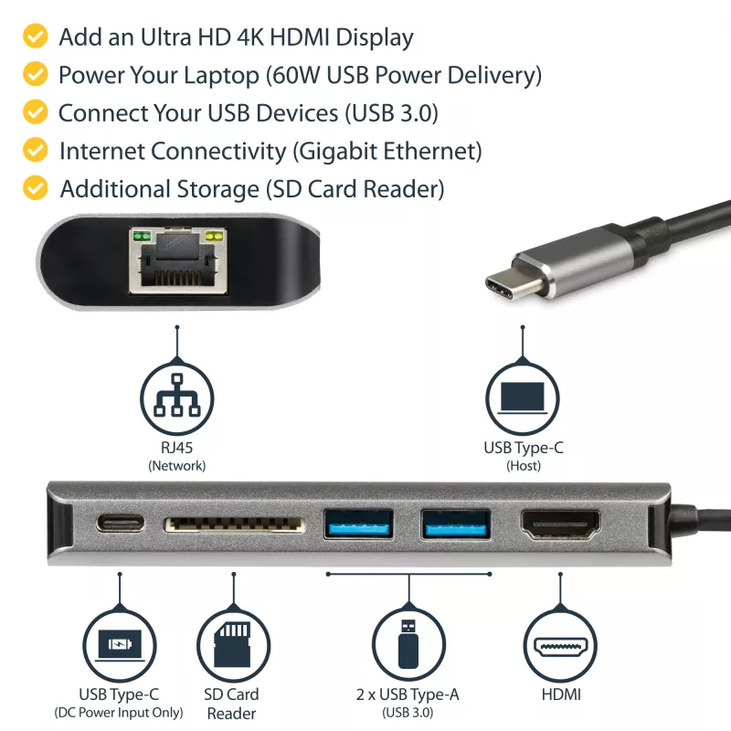 StarTech.com USB C multiportový adaptér – USB-C cestovný dock s 4K HDMI, 3x USB 3.0 hub, SD/SDHC, GbE, 60W PD 3.0 Pass-Through – USB Type-C/Thunderbolt 3 – nahrádza DKT30CSDHPD