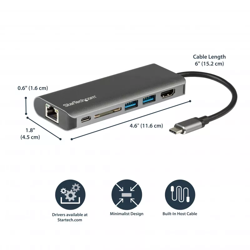 StarTech.com USB C multiportový adaptér – USB-C cestovný dock s 4K HDMI, 3x USB 3.0 hub, SD/SDHC, GbE, 60W PD 3.0 Pass-Through – USB Type-C/Thunderbolt 3 – nahrádza DKT30CSDHPD