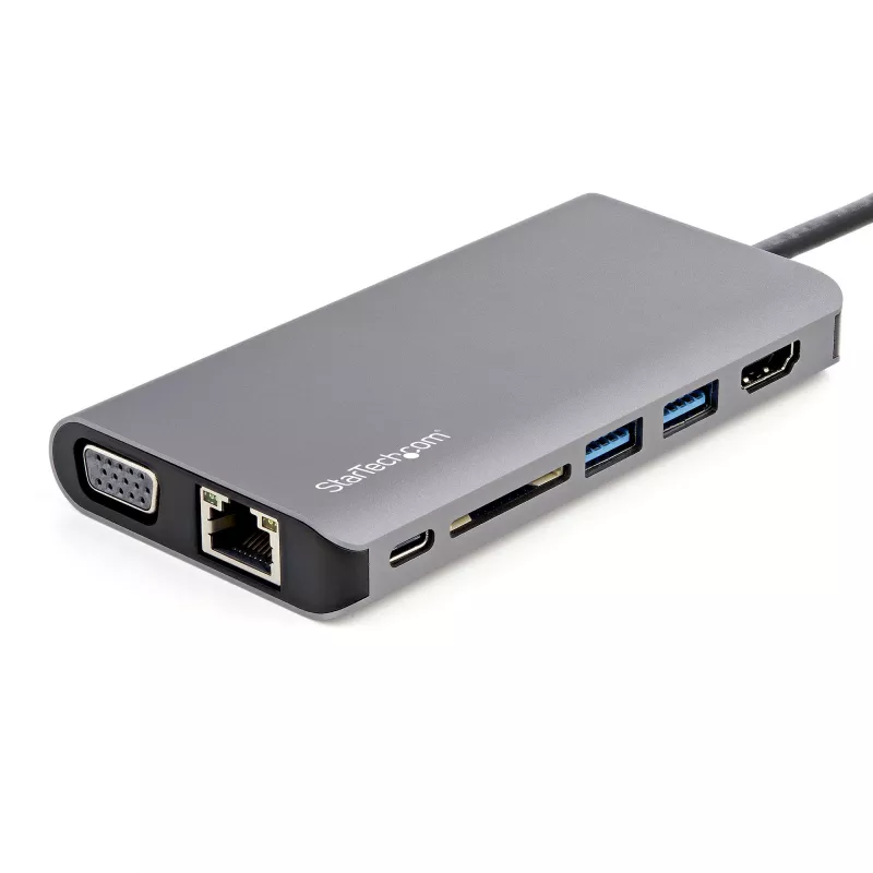 StarTech.com USB-C multiportový adaptér – USB-C mini cestovný dock s 4K HDMI alebo 1080p VGA – 3x USB 3.0 hub, SD, GbE, audio, 100W PD Pass-Through – prenosná dokovacia stanica pre notebook/tablet