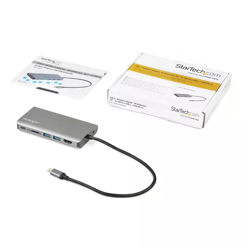 StarTech.com USB-C multiportový adaptér – USB-C mini cestovný dock s 4K HDMI alebo 1080p VGA – 3x USB 3.0 hub, SD, GbE, audio, 100W PD Pass-Through – prenosná dokovacia stanica pre notebook/tablet
