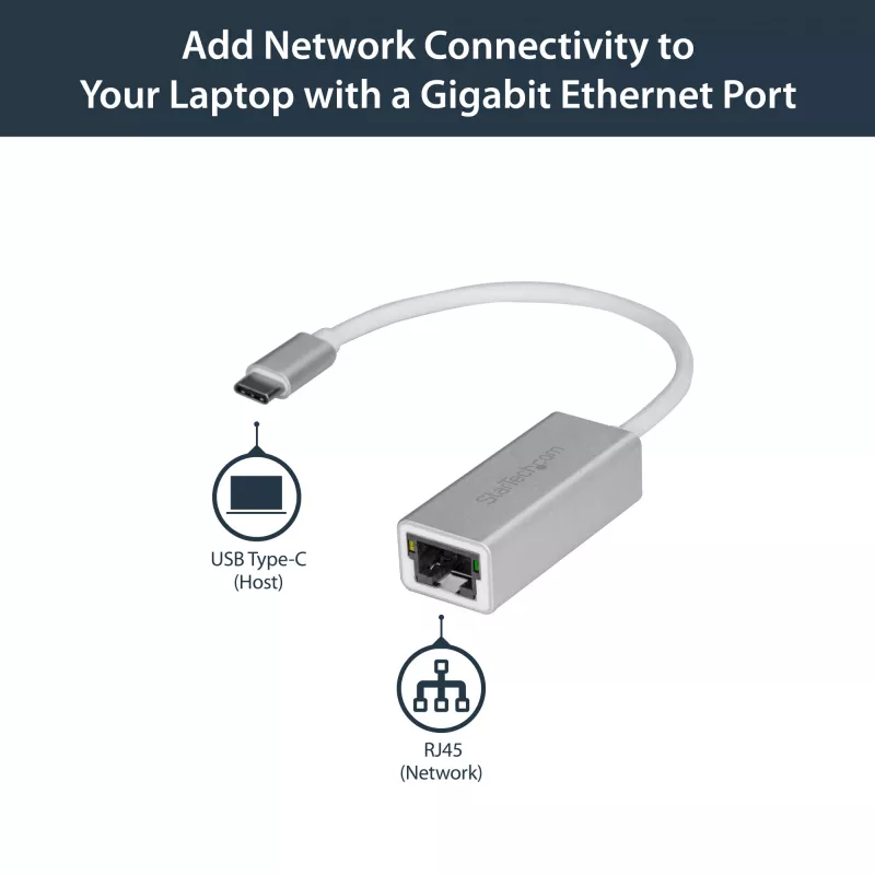 StarTech.com USB-C na Gigabit sieťový adaptér – strieborný, káblový, USB, Ethernet, 5000 Mbit/s, strieborný