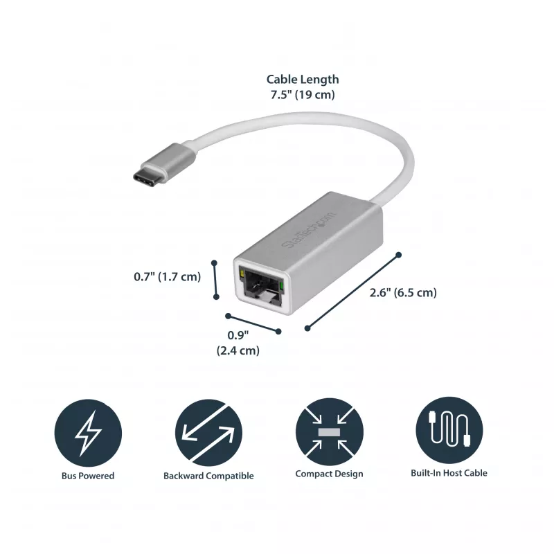 StarTech.com USB-C na Gigabit sieťový adaptér – strieborný, káblový, USB, Ethernet, 5000 Mbit/s, strieborný