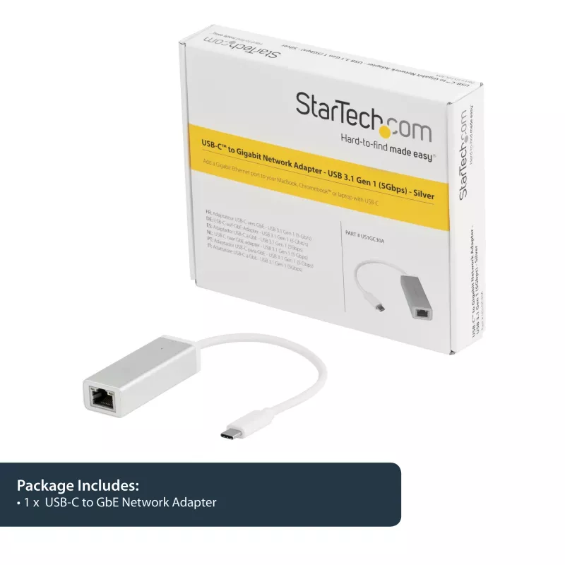 StarTech.com USB-C na Gigabit sieťový adaptér – strieborný, káblový, USB, Ethernet, 5000 Mbit/s, strieborný
