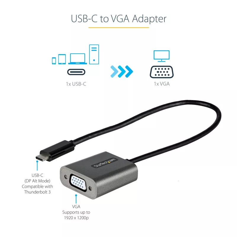 StarTech.com USB-C na VGA adaptér – 1080p USB Type-C na VGA adaptér dongle – USB-C (DP Alt Mode) na VGA monitor/display video konvertor – kompatibilný s Thunderbolt 3 – 30 cm dlhý pripojený kábel – vylepšená verzia CDP2VGA