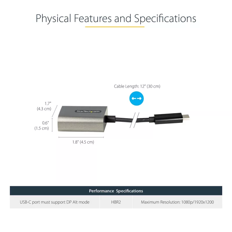 StarTech.com USB-C na VGA adaptér – 1080p USB Type-C na VGA adaptér dongle – USB-C (DP Alt Mode) na VGA monitor/display video konvertor – kompatibilný s Thunderbolt 3 – 30 cm dlhý pripojený kábel – vylepšená verzia CDP2VGA