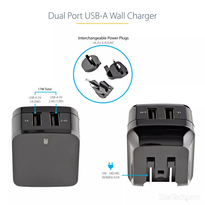 StarTech.com dvojportová USB nástenná nabíjačka – medzinárodné cestovanie – 17W/3,4A – čierna