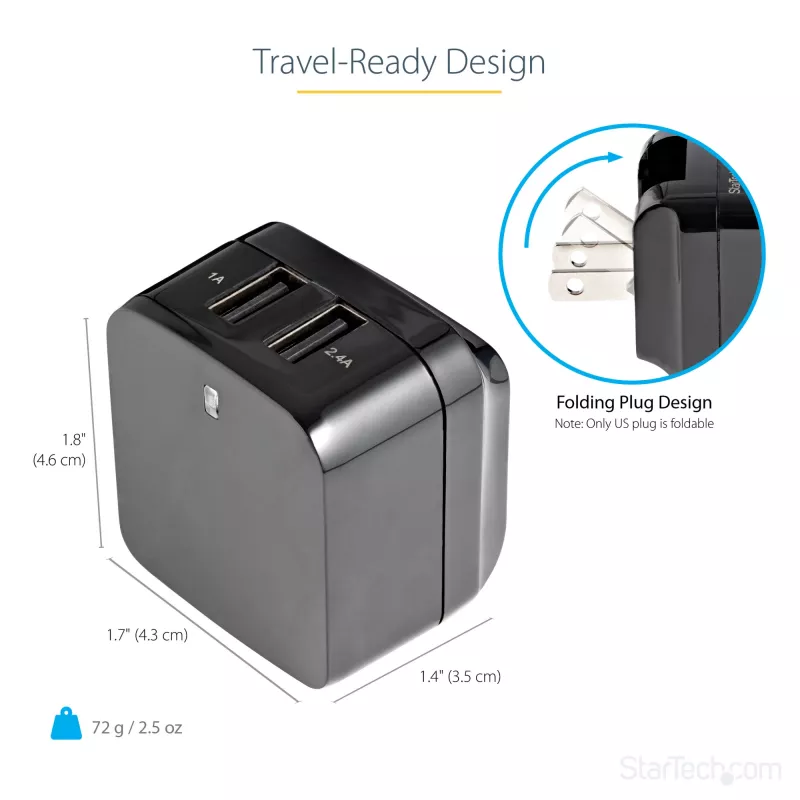 StarTech.com dvojportová USB nástenná nabíjačka – medzinárodné cestovanie – 17W/3,4A – čierna