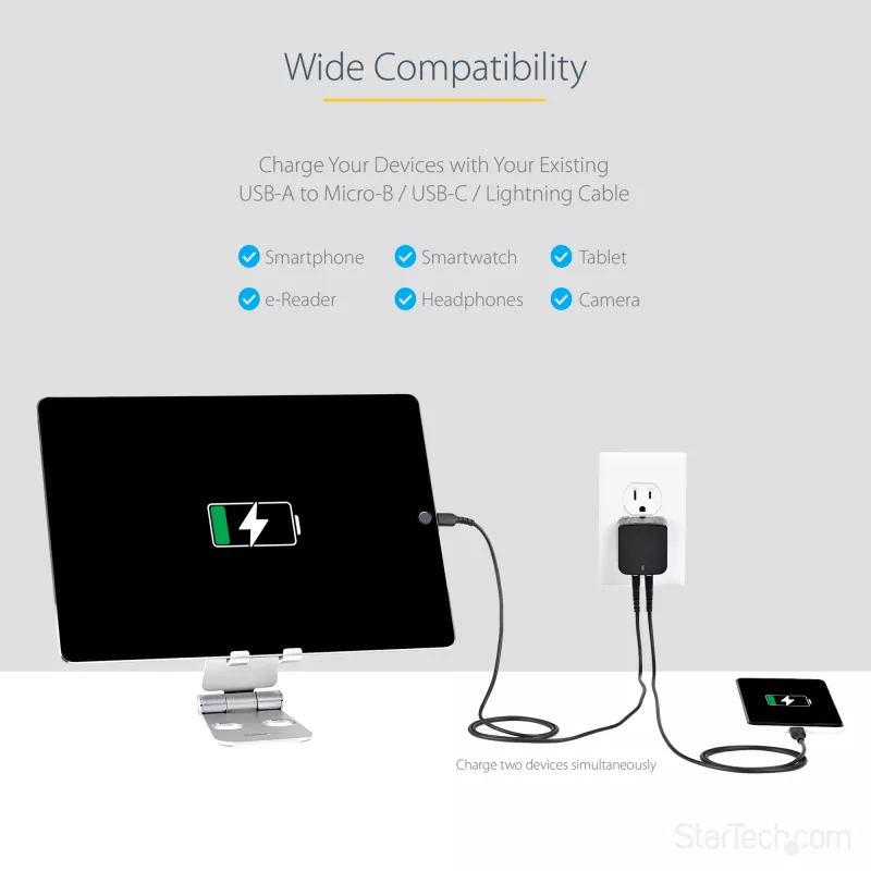 StarTech.com dvojportová USB nástenná nabíjačka – medzinárodné cestovanie – 17W/3,4A – čierna