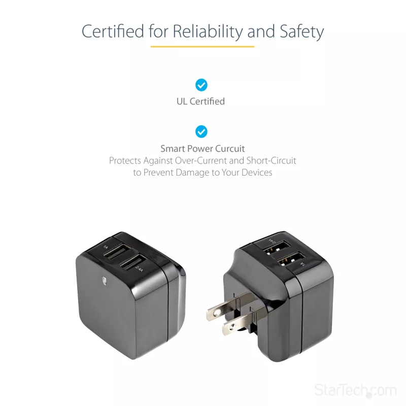 StarTech.com dvojportová USB nástenná nabíjačka – medzinárodné cestovanie – 17W/3,4A – čierna