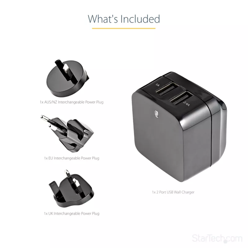 StarTech.com dvojportová USB nástenná nabíjačka – medzinárodné cestovanie – 17W/3,4A – čierna