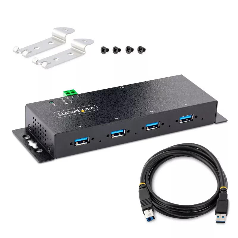 StarTech.com 4-portový priemyselný USB 3.0 5Gbps hub, robustný USB hub s ESD ochranou, DIN/stenová/stolová montáž USB-A hub, USB rozšírenie so zaisťovacími konektormi, Heavy Duty – TAA