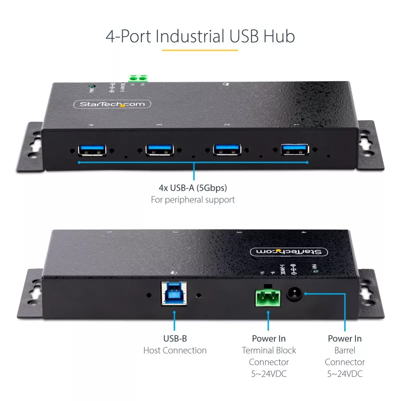 StarTech.com 4-portový priemyselný USB 3.0 5Gbps hub, robustný USB hub s ESD ochranou, DIN/stenová/stolová montáž USB-A hub, USB rozšírenie so zaisťovacími konektormi, Heavy Duty – TAA