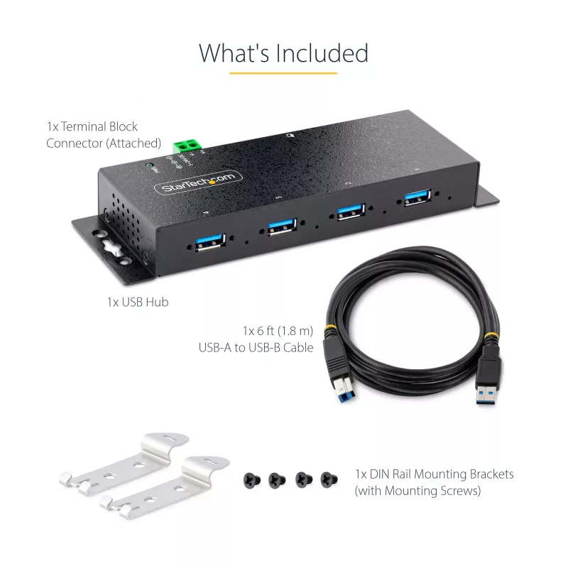StarTech.com 4-portový priemyselný USB 3.0 5Gbps hub, robustný USB hub s ESD ochranou, DIN/stenová/stolová montáž USB-A hub, USB rozšírenie so zaisťovacími konektormi, Heavy Duty – TAA