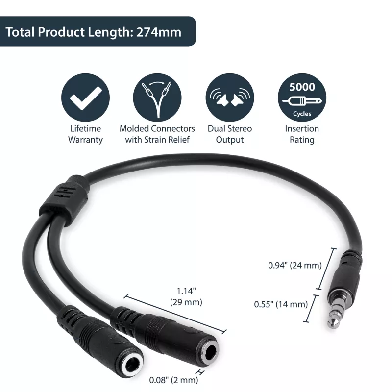 StarTech.com tenký stereo rozbočovací kábel – 3,5-mm konektor samec na 2x 3,5-mm konektor samica