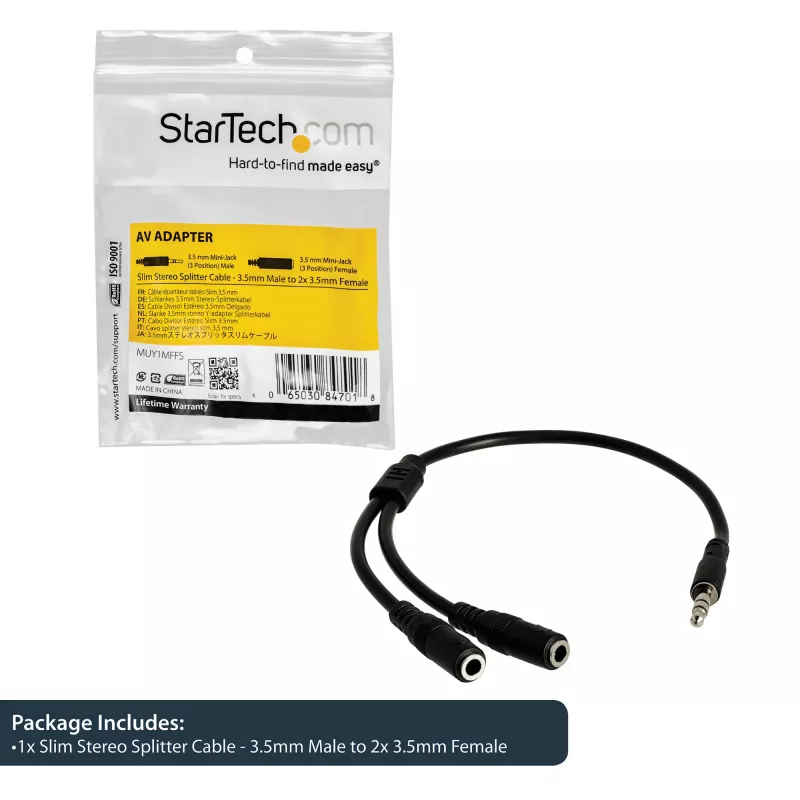 StarTech.com tenký stereo rozbočovací kábel – 3,5-mm konektor samec na 2x 3,5-mm konektor samica