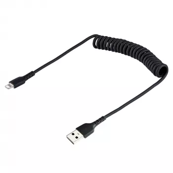 StarTech.com 50cm (20in) USB-na-Lightning kábel, MFi certifikovaný, špirálový iPhone nabíjací kábel, čierny, odolný TPE plášť s aramidovým vláknom, robustný špirálový Lightning kábel