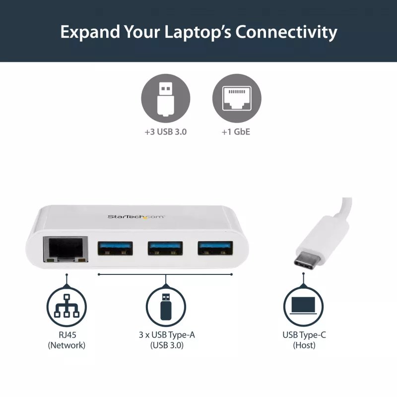 StarTech.com 3-portový USB-C hub s Gigabit Ethernet – USB-C na 3x USB-A – USB 3.0 hub – biely