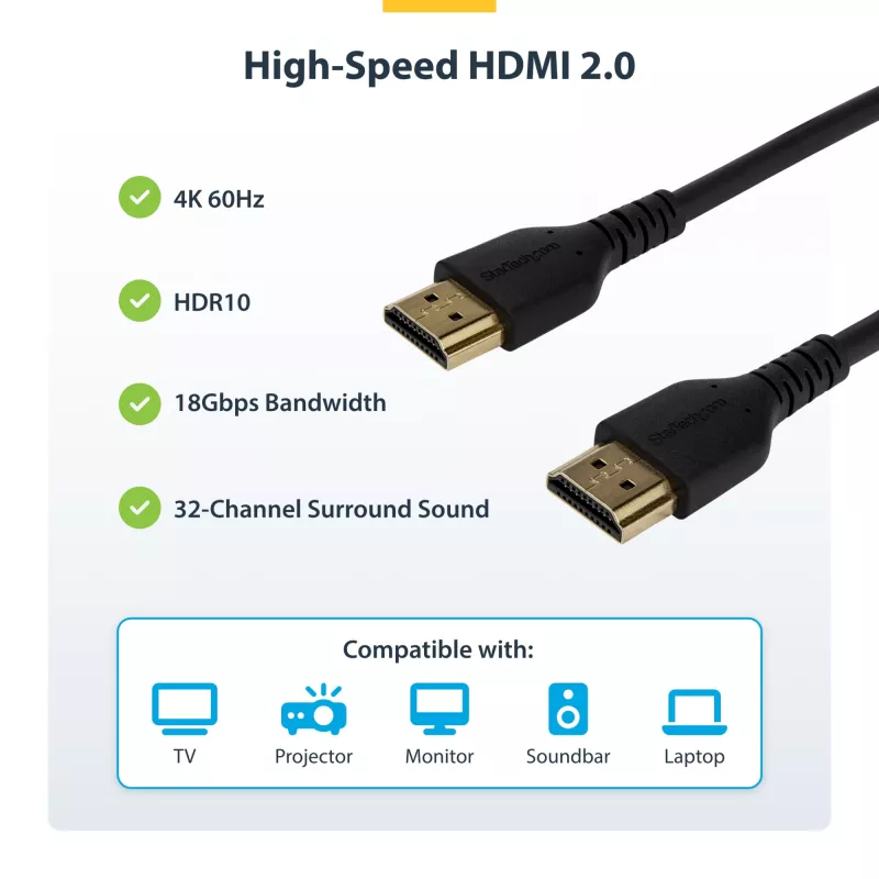 StarTech.com 0,9 m (3ft) tenký HDMI 2.0 kábel, flexibilný, Premium certifikovaný HDMI kábel s Ethernetom, UHD 4K 60Hz HDR10, robustný dizajn s aramidovým vláknom a TPE plášťom